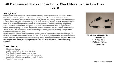 All Mechanical or Electronic Clock Movement in Line Fuse W/Pigtail Kit / Product Number: IN286
