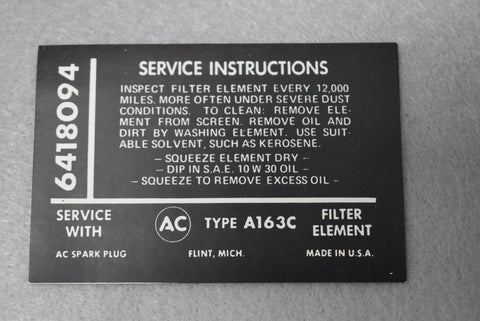 Corvette Fuel Injection Air Cleaner Instruction Decal / Product Number: D126