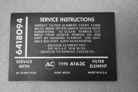Corvette Fuel Injection Air Cleaner Instruction Decal / Product Number: D126