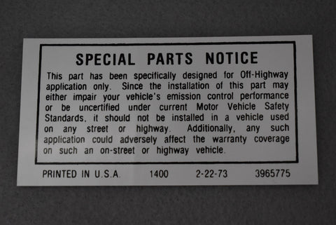 Corvette Special Parts Notice Valve Cover Decal / Product Number: D150