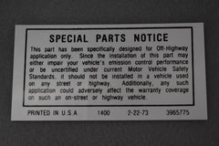 Corvette Special Parts Notice Valve Cover Decal / Product Number: D150