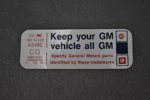 Corvette Keep Your GM All GM Air Cleaner Decal CG / Product Number: D157