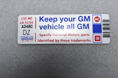Corvette L48 Keep Your GM All GM air Cleaner Decal DZ / Product Number: D158