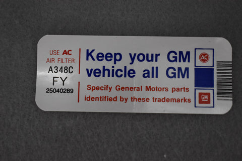 Corvette Keep Your GM All GM Air Cleaner Decal FY / Product Number: D159