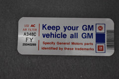 Corvette Keep Your GM All GM Air Cleaner Decal FY / Product Number: D159