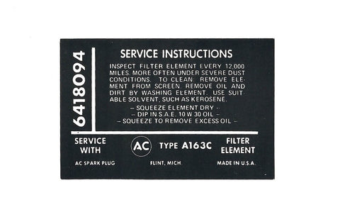 Corvette Fuel Injection Air Cleaner Instruction Decal / Product Number: D126
